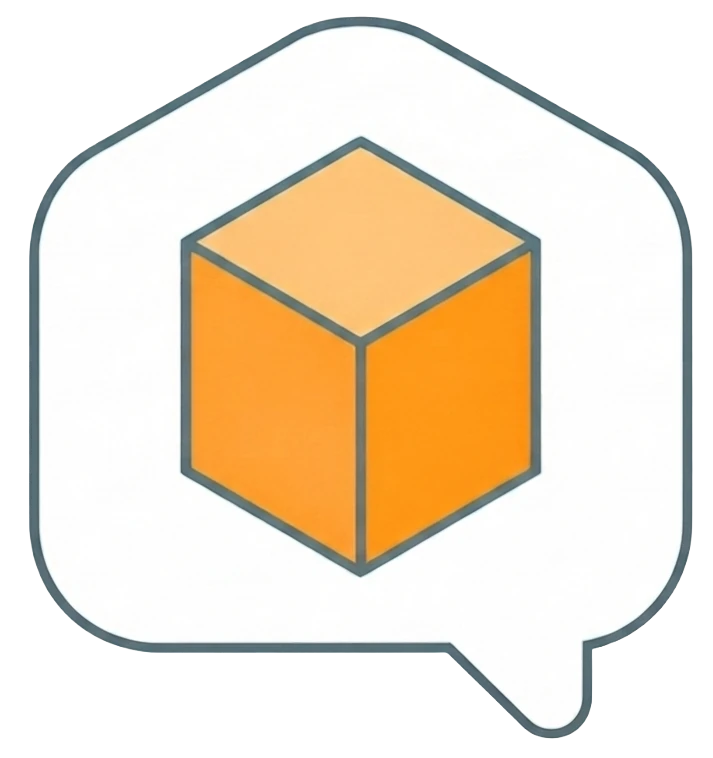 Balão de fala com um cubo 3D laranja — ícone de conversa sobre o seu projeto.