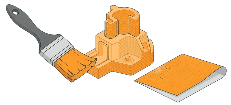 Pincel e lixa dando acabamento a uma peça impressa em 3D.