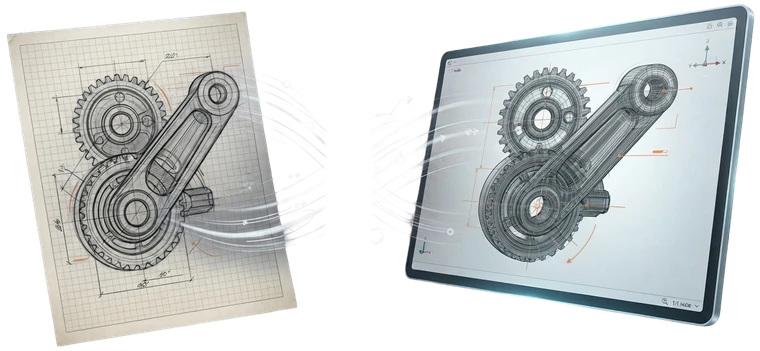 Desenho técnico em papel se transformando em modelo 3D num tablet.
